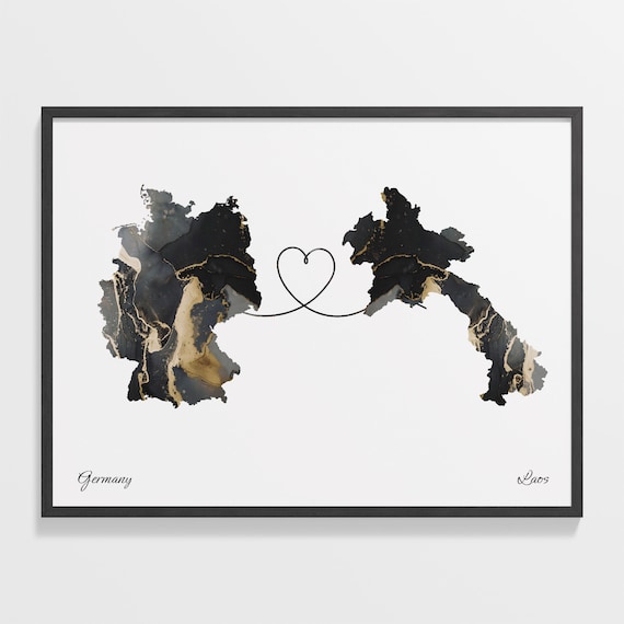 Germany and Laos Marble Heart Connected Countries Map Poster