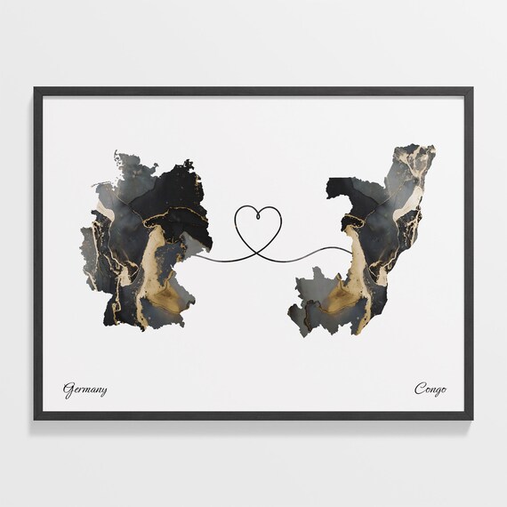 Germany and Congo Marble Heart Connected Countries Map Poster