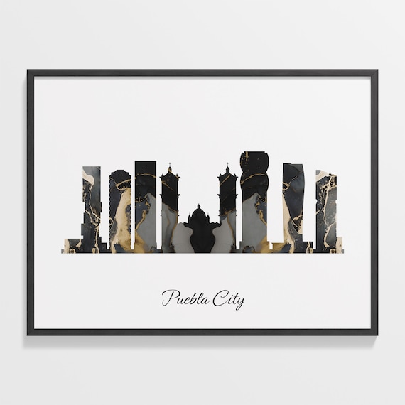 Puebla City Mexico Black Gold Marble Skyline Silhouette Poster