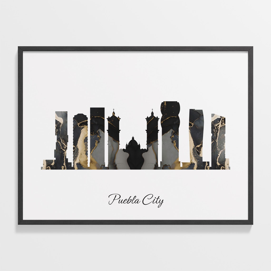 Puebla City Mexico Black Gold Marble Skyline Silhouette Poster