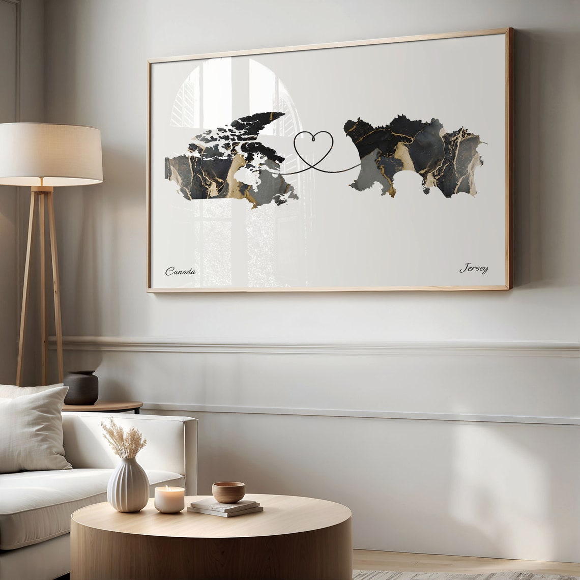 Canada to Jersey Black Gold Marble Heart Connection Map Poster - Image 2