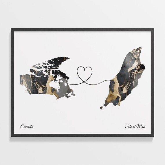 Canada To Isle of Man Marble Heart Map Two Country Long Distance Gift Poster