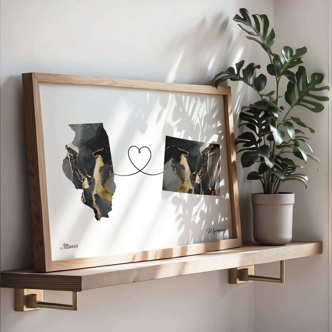 Illinois to Wyoming Long Distance Love Marble Map Art Poster - Image 3
