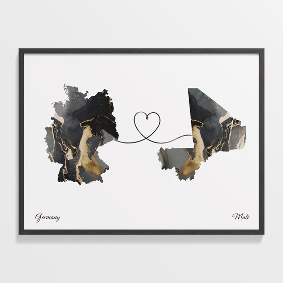 Germany and Mali Heart Connected Two Countries Marble Map Poster