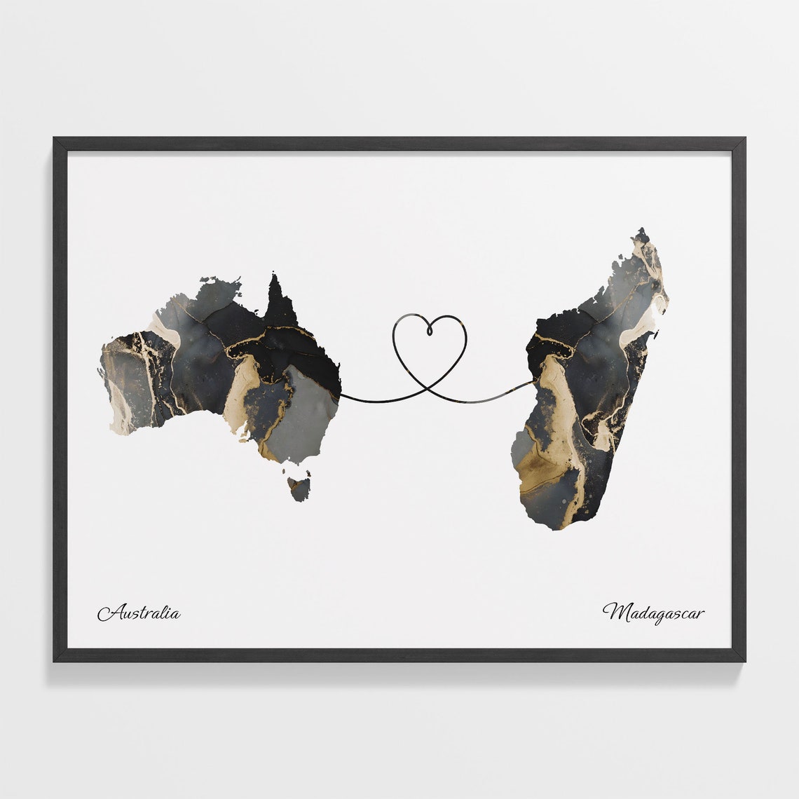 Australia and Madagascar Black Marble Heart Connection Map Poster