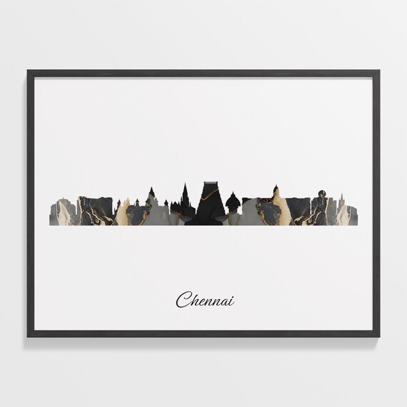 Chennai Skyline Minimalist Black Gold Marble Cityscape Art Poster