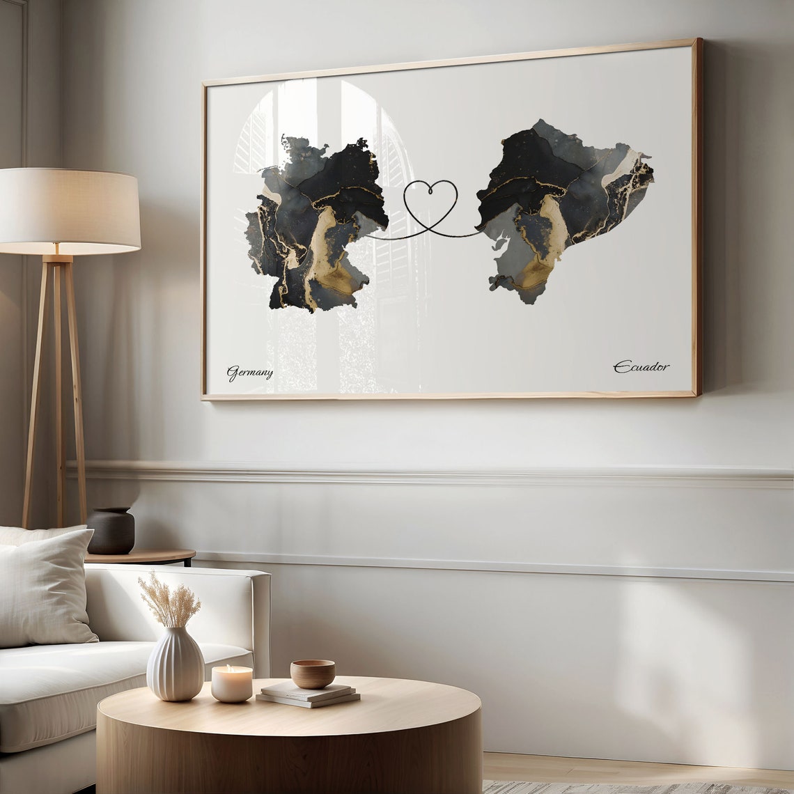 Germany and Ecuador Marble Heart Connected Countries Map Poster - Image 2
