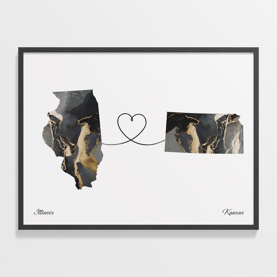 Illinois to Kansas Black Gold Marble Map Heart Connection Poster