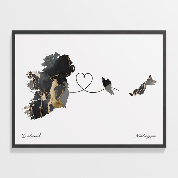 Ireland and Malaysia Black and Gold Marble Heart Map Connection Poster