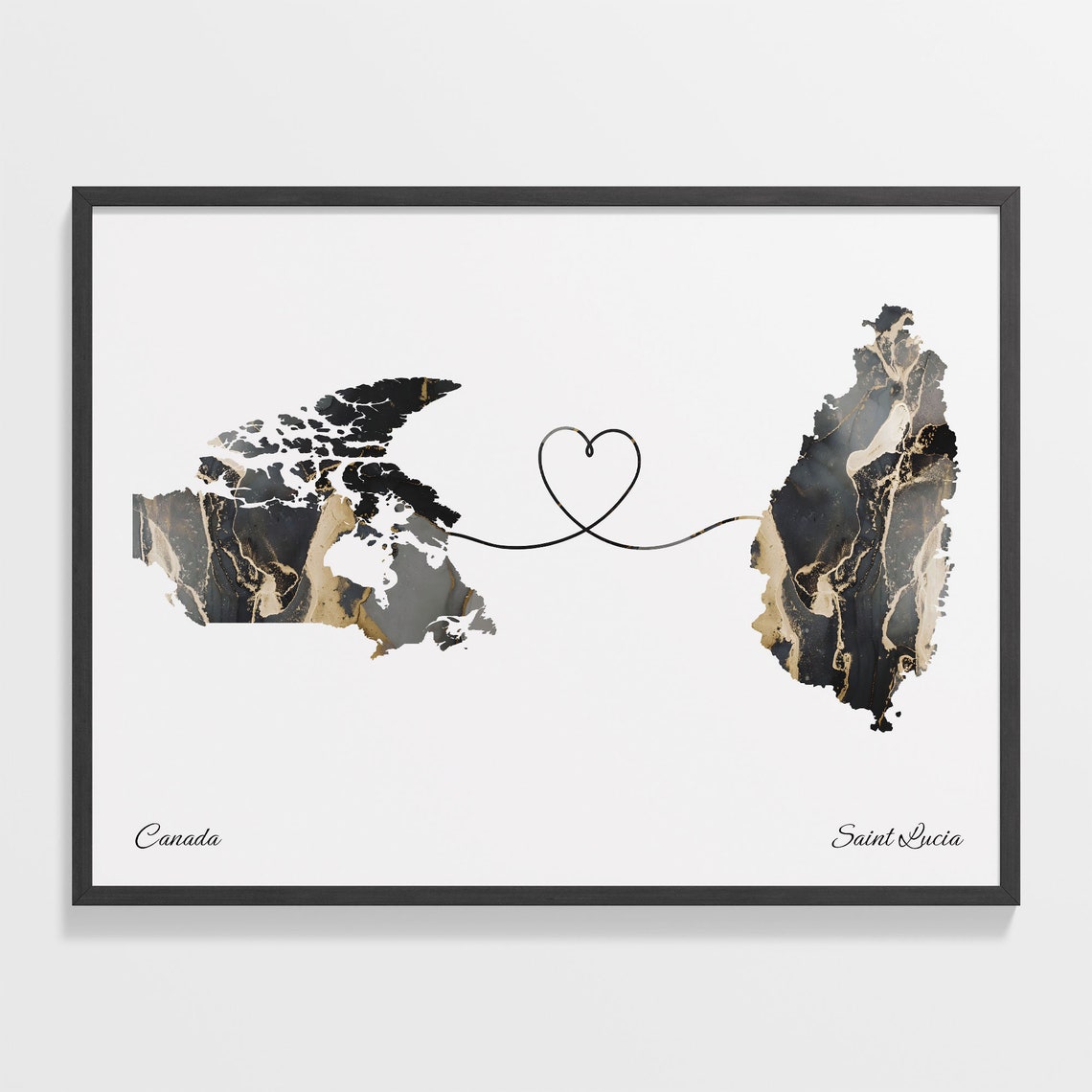 Canada to Saint Lucia Black Gold Marble Heart Connection Map Poster