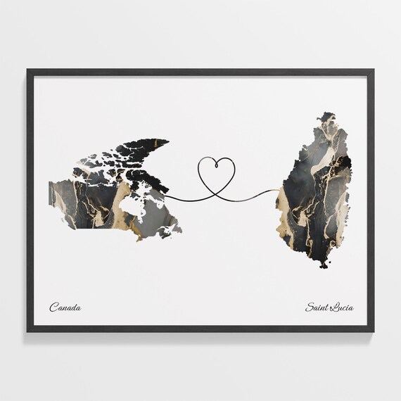 Canada to Saint Lucia Black Gold Marble Heart Connection Map Poster