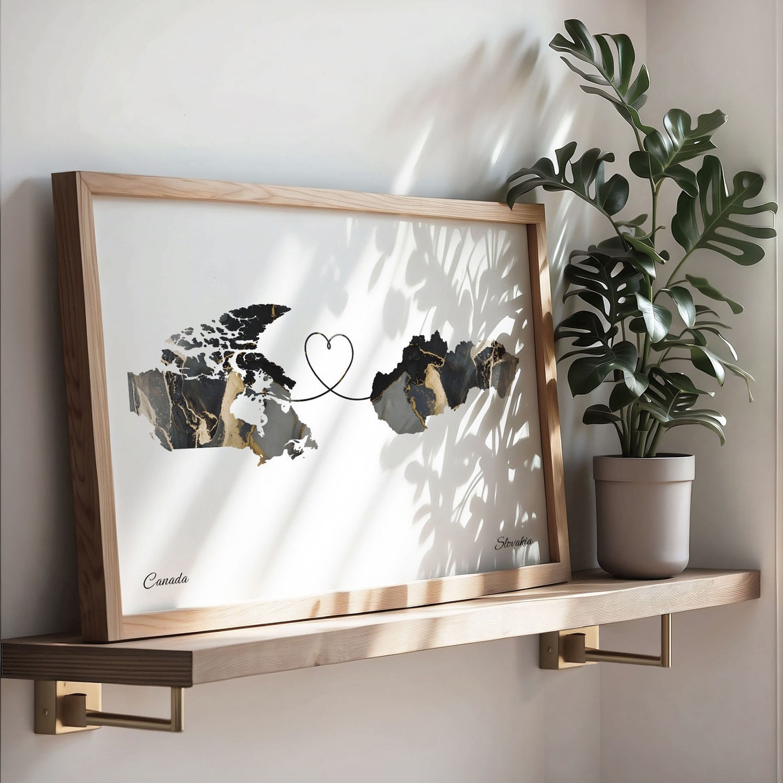 Canada to Slovakia Black Gold Marble Heart Connection Map Poster - Image 3