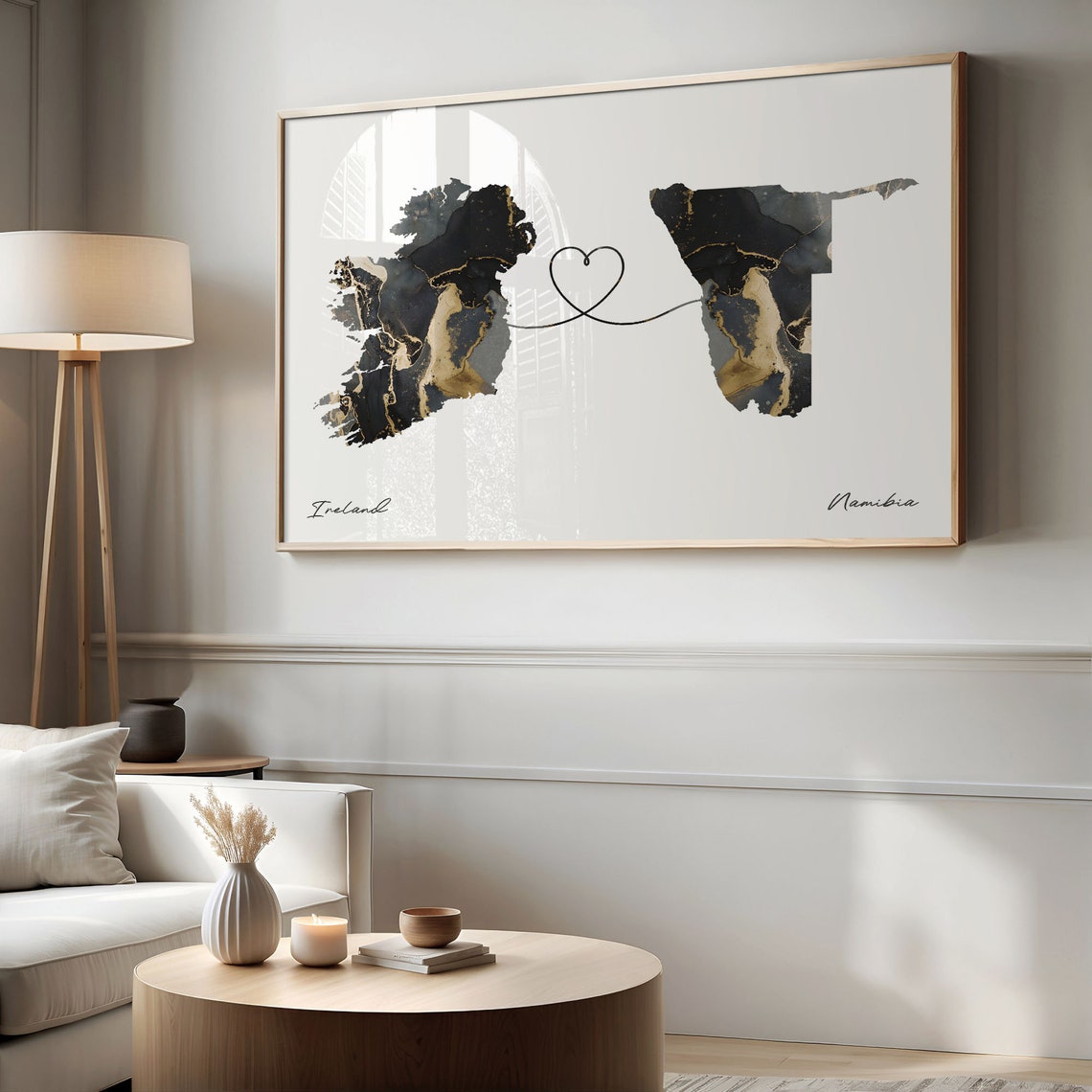 Ireland To Namibia Elegant Black Marble Two Country Heart Map Poster - Image 2