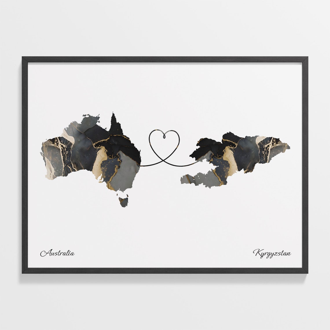 Australia and Kyrgyzstan Two Countries Black Gold Marble Map Poster