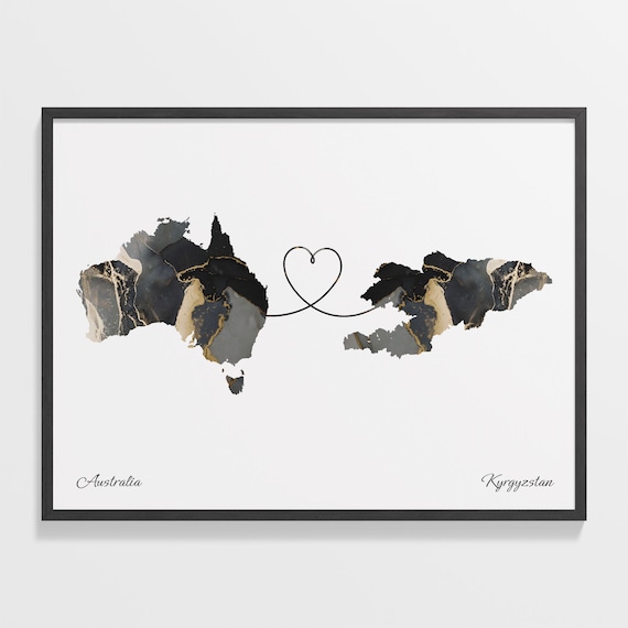Australia and Kyrgyzstan Two Countries Black Gold Marble Map Poster