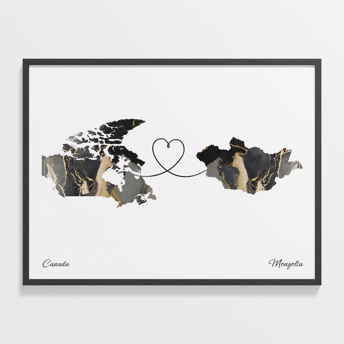Canada To Mongolia Black Gold Marble Long Distance Heart Map Poster