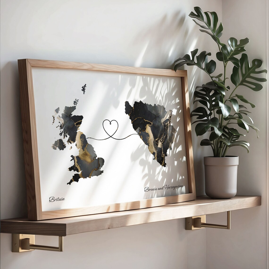 Britain to Bosnia and Herzegovina Marble Heart Map Print Long Distance Relationship Gift - Image 3