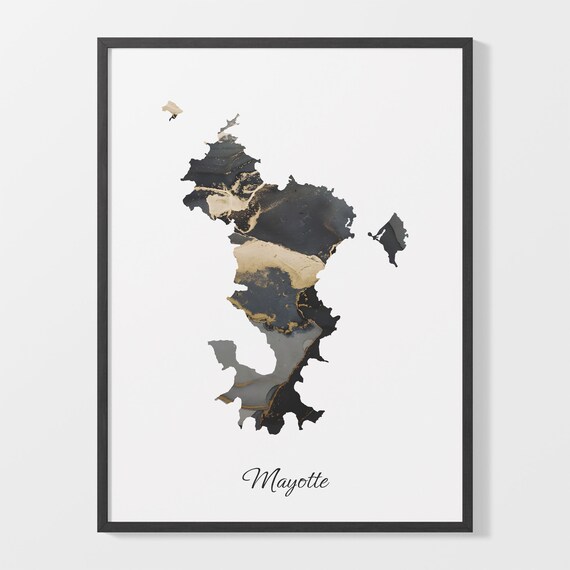 Mayotte Modern Black Gold Marble Country Map Office Wall Decor Art Poster