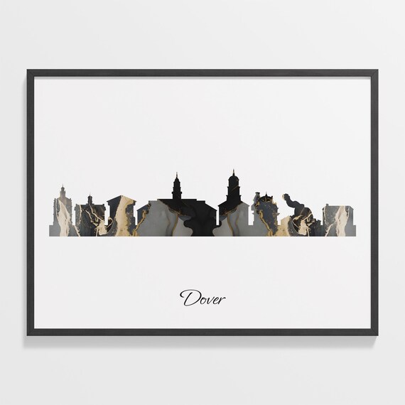 Dover City Black and Gold Marble Skyline Silhouette Art Poster
