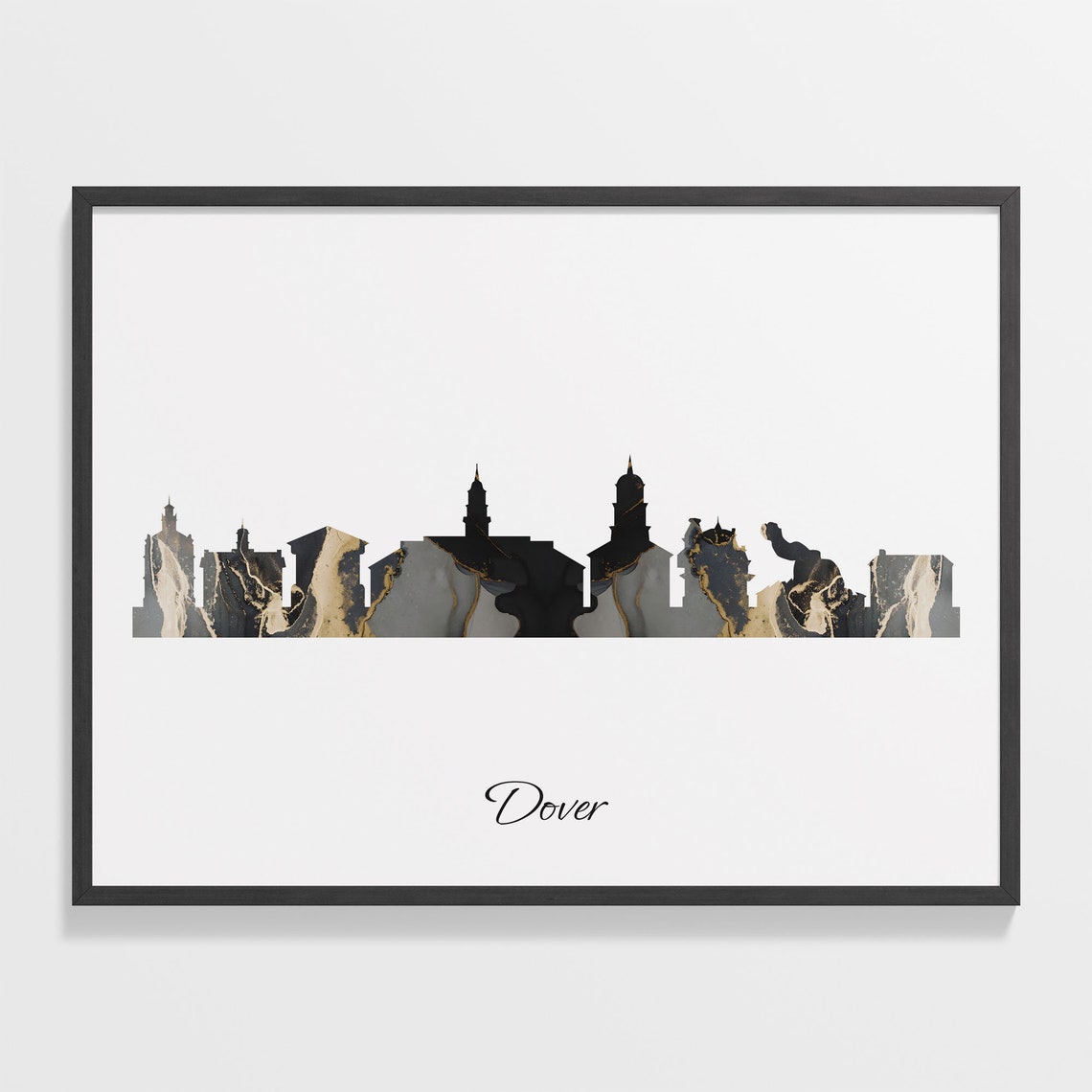 Dover City Black and Gold Marble Skyline Silhouette Art Poster