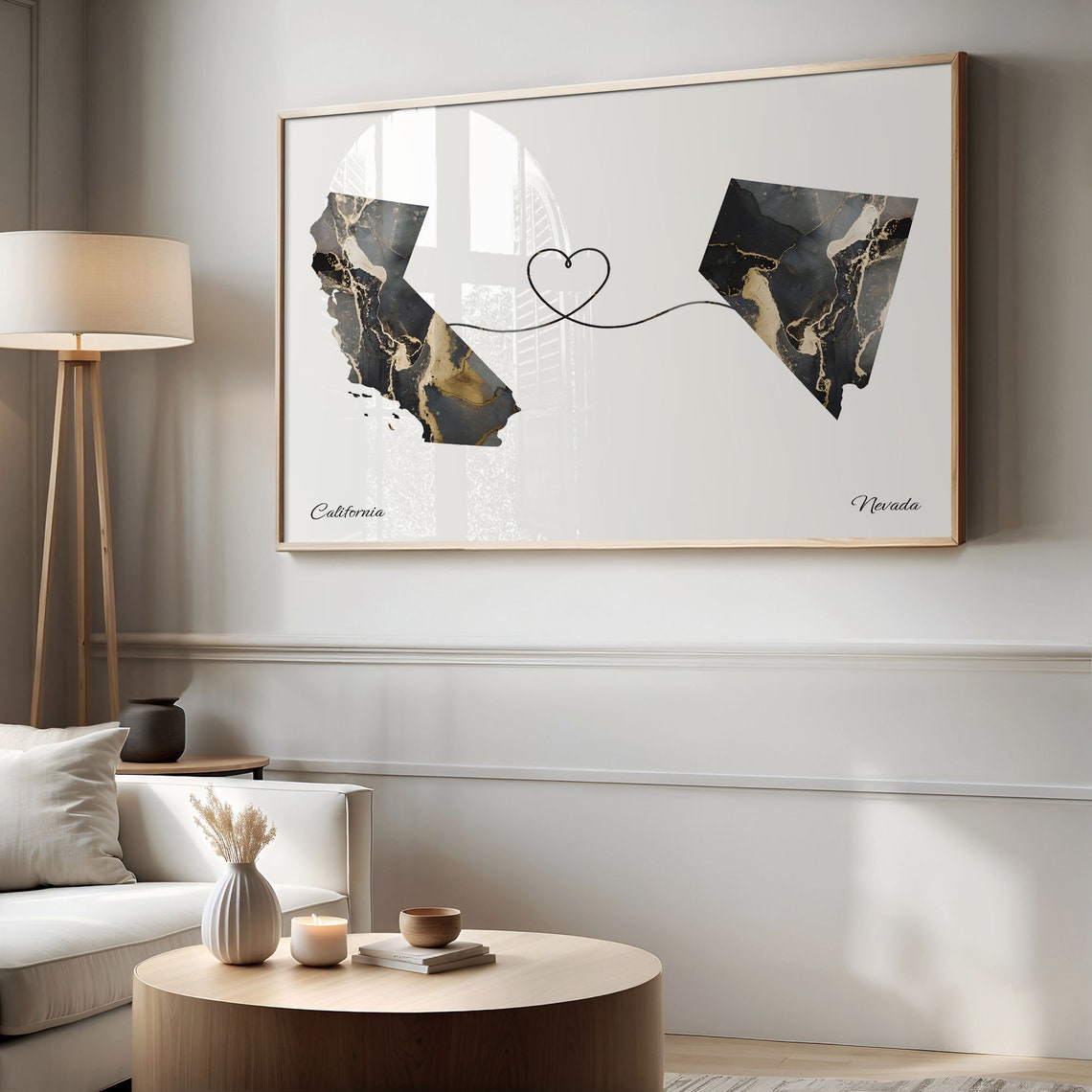 California to Nevada Black Gold Marble Map Heart Line Art Poster - Image 2