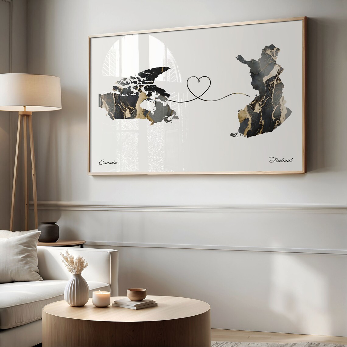 Canada and Finland Long Distance Black Marble Heart Connection Map Poster - Image 2