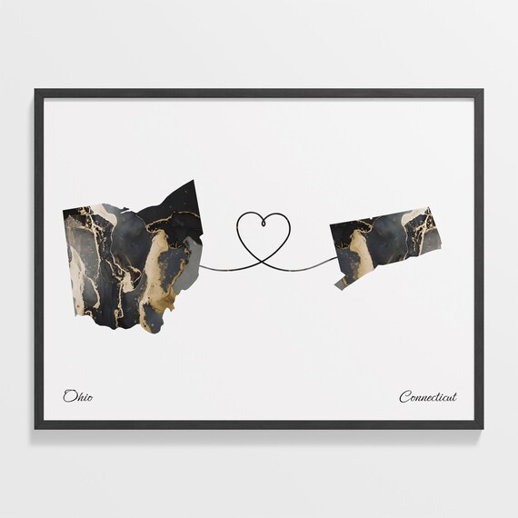 Ohio Connecticut Long Distance Black Gold Marble Heart Map Poster