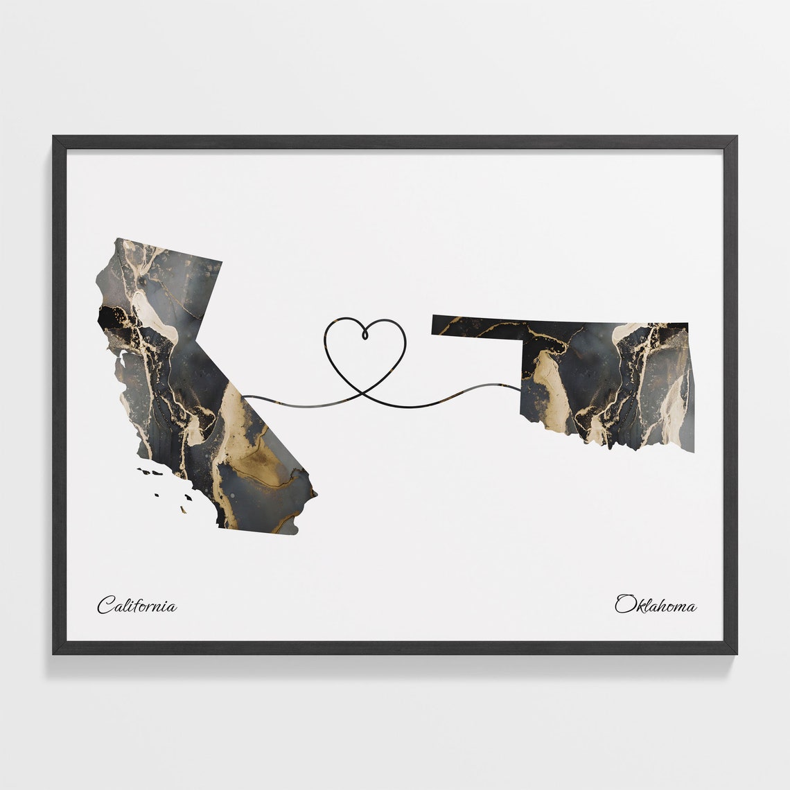 California to Oklahoma Black Gold Marble Map Heart Line Art Poster