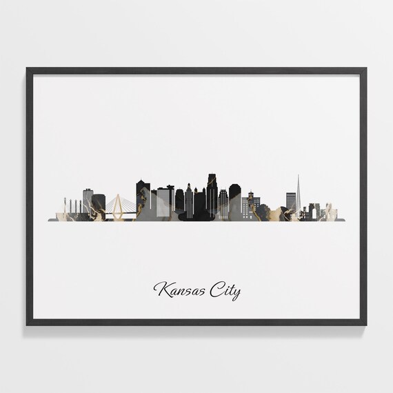 Kansas City Missouri Black and Gold Marble Skyline Silhouette Art Poster