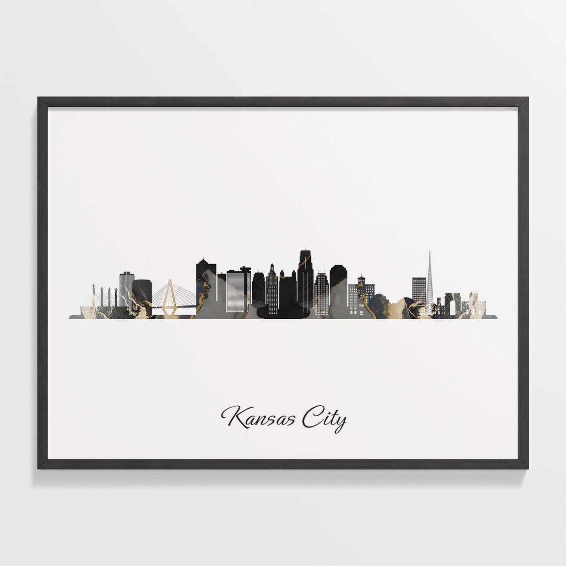 Kansas City Missouri Black and Gold Marble Skyline Silhouette Art Poster