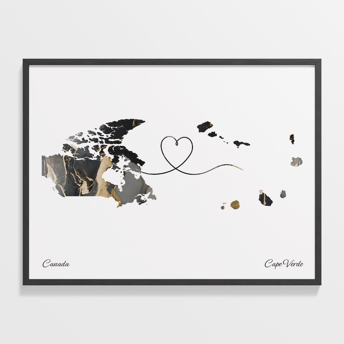 Canada Cape Verde Long Distance Love Black Marble Heart Map Poster