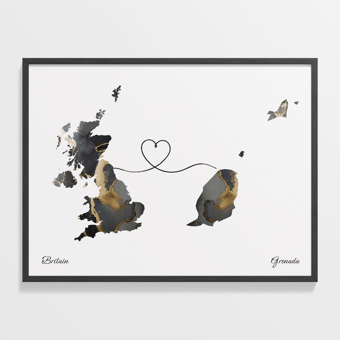 Britain to Grenada Heart Connected Long Distance Marble Map Poster