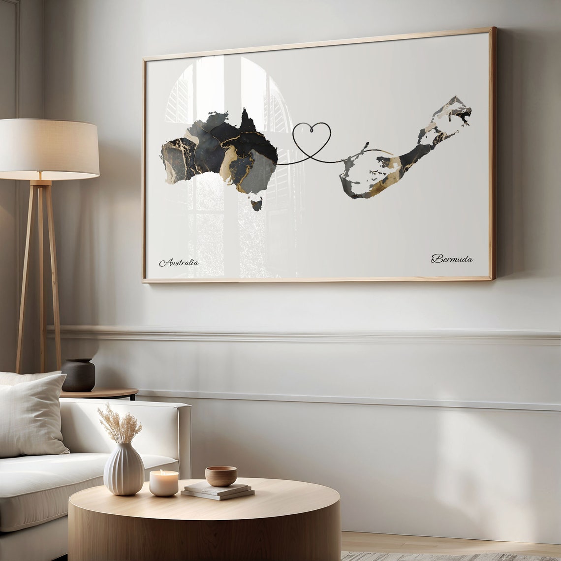 Australia to Bermuda Black Gold Marble Heart Connection Map Poster - Image 2