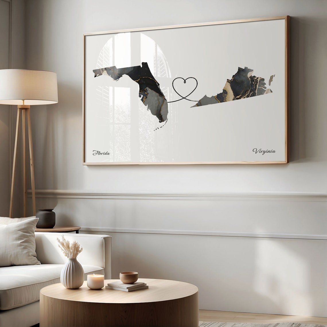 Florida To Virginia Marble Map Heart Print Long Distance Gift - Image 2
