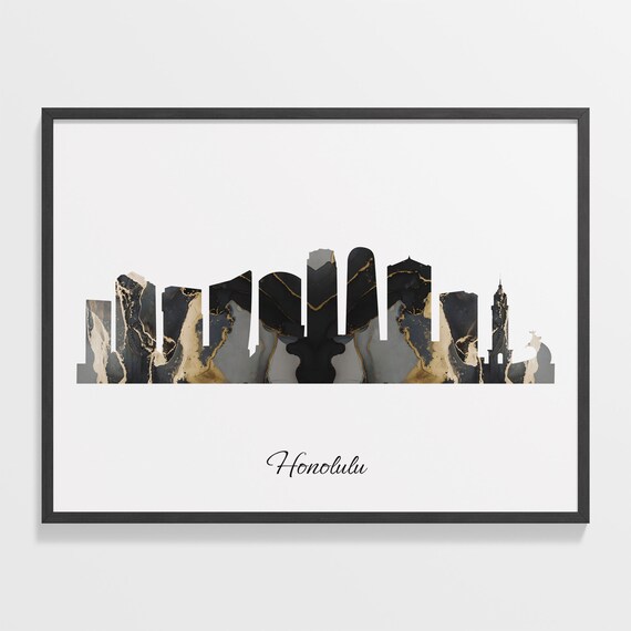 Honolulu Black Gold Marble Skyline Hawaii Cityscape Travel Gift Poster