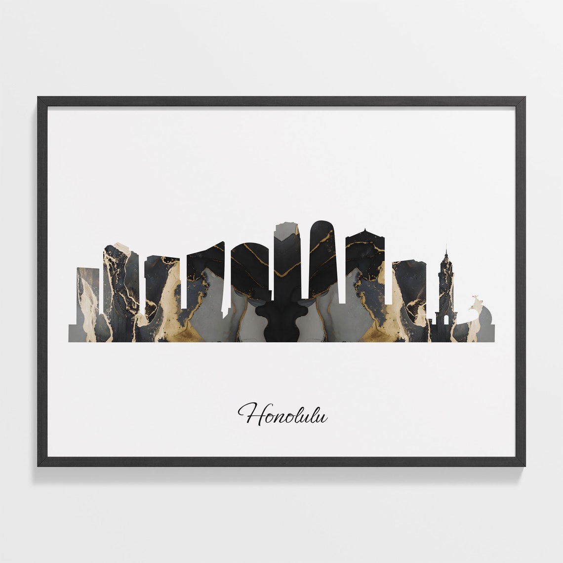 Honolulu Black Gold Marble Skyline Hawaii Cityscape Travel Gift Poster