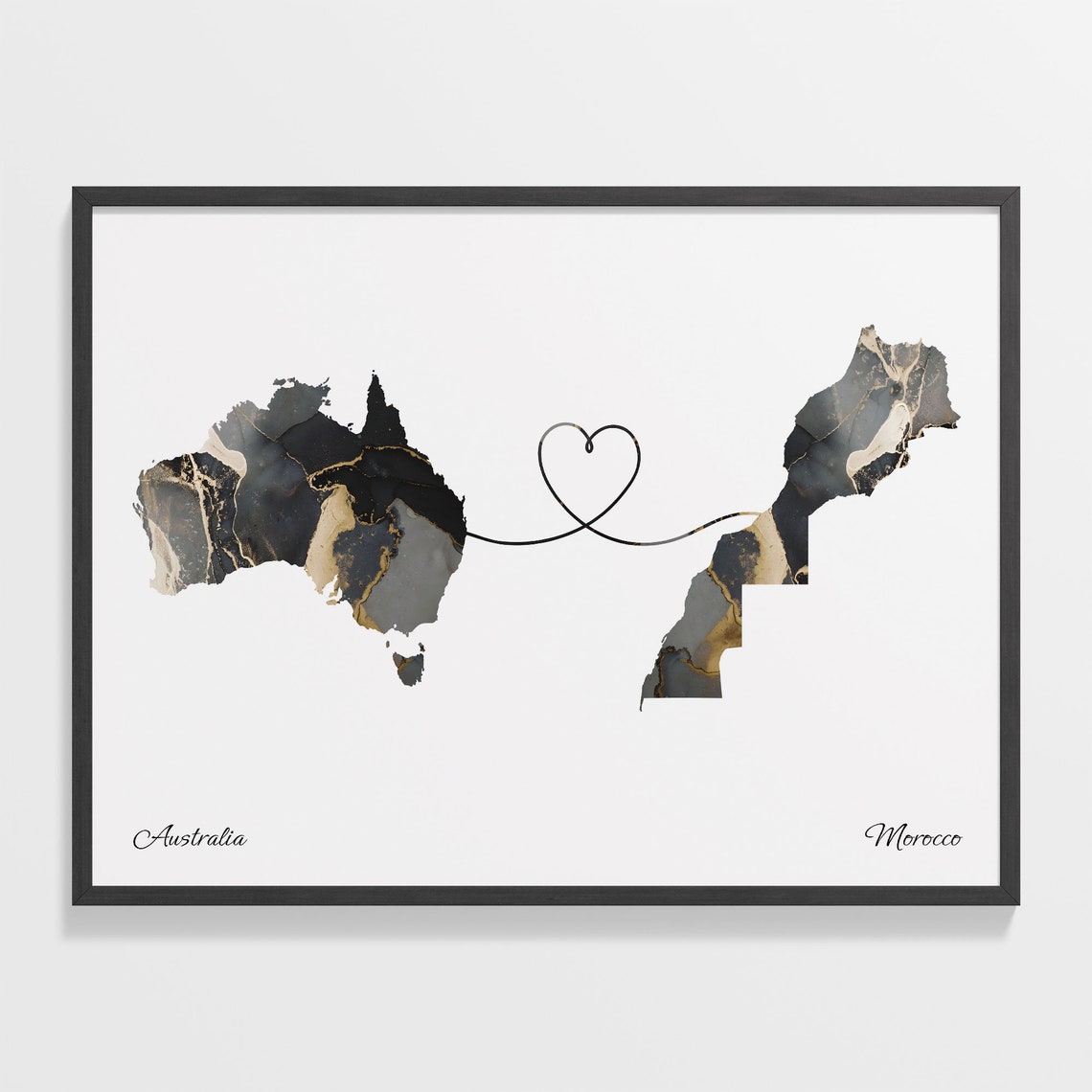 Australia and Morocco Black Gold Marble Map Heart Connection Poster