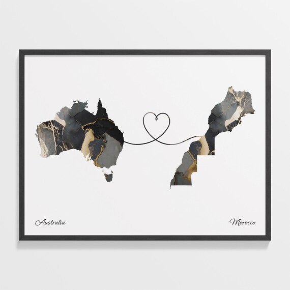 Australia and Morocco Black Gold Marble Map Heart Connection Poster