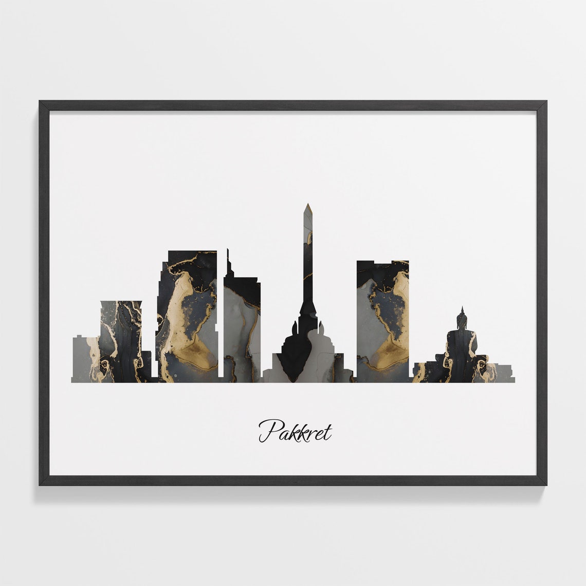 Pakkret Thailand Black Gold Marble Skyline Silhouette Art Poster