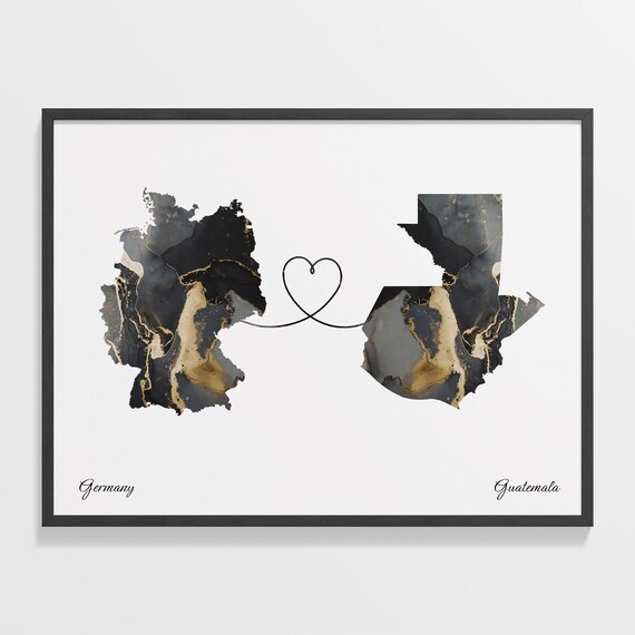 Germany to Guatemala Marble Heart Map Print Long Distance Relationship Gift