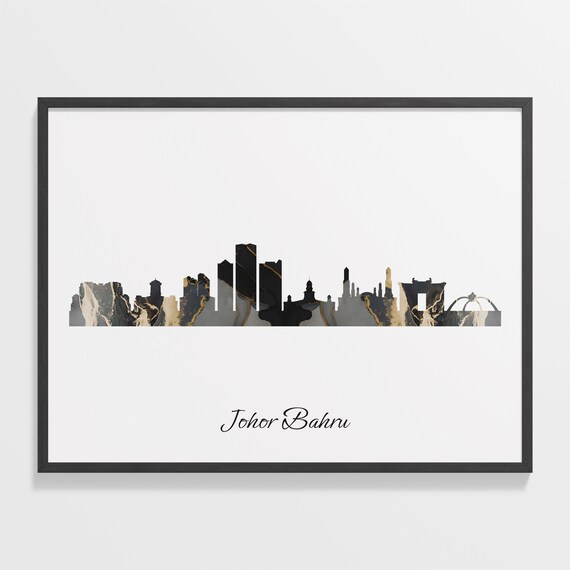 Johor Bahru Skyline Black Gold Marble Cityscape Malaysia Travel Decor Poster