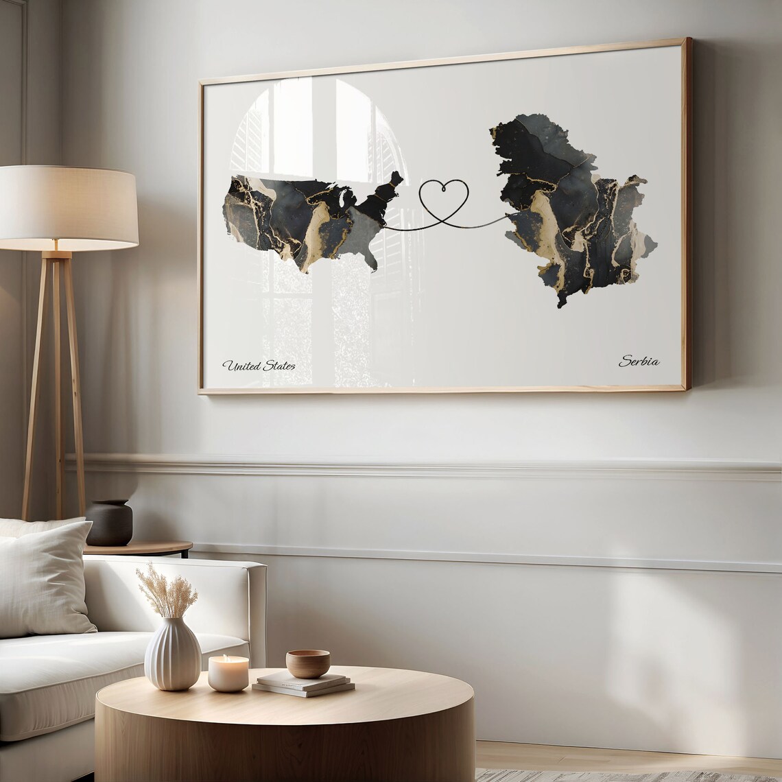 United States to Serbia Heart Connected Long Distance Marble Map Poster - Image 2