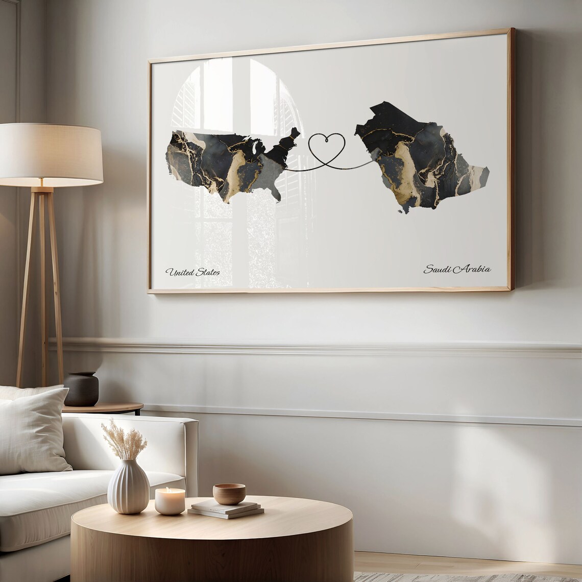United States and Saudi Arabia Black Gold Marble Heart Map Poster - Image 2