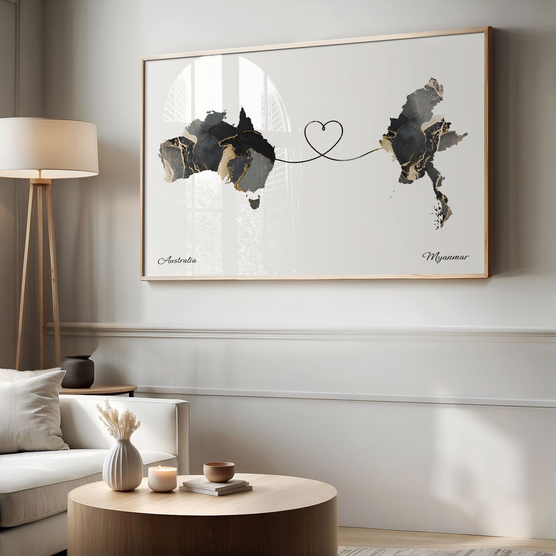 Australia and Myanmar Black Gold Marble Map Heart Connection Poster - Image 2