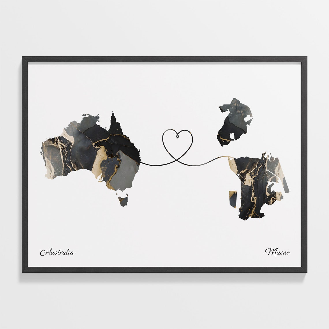 Australia Macao Marble Map Heart Long Distance Love Gift Poster