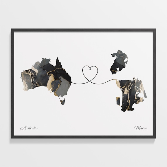 Australia Macao Marble Map Heart Long Distance Love Gift Poster