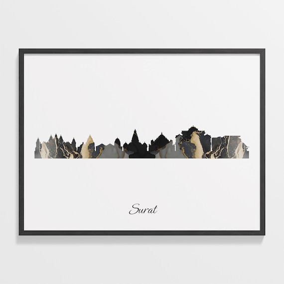 Surat India Black Gold Marble City Skyline Silhouette Art Poster
