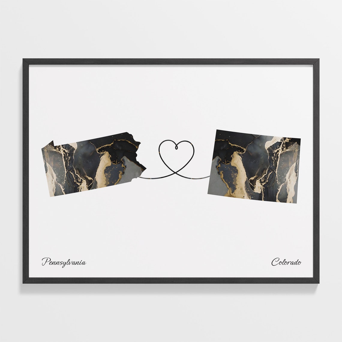 Pennsylvania to Colorado Long Distance Love Marble Map Art Poster