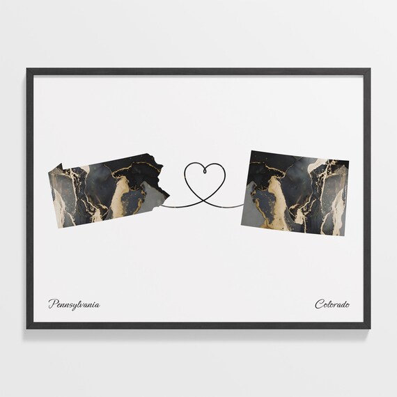 Pennsylvania to Colorado Long Distance Love Marble Map Art Poster