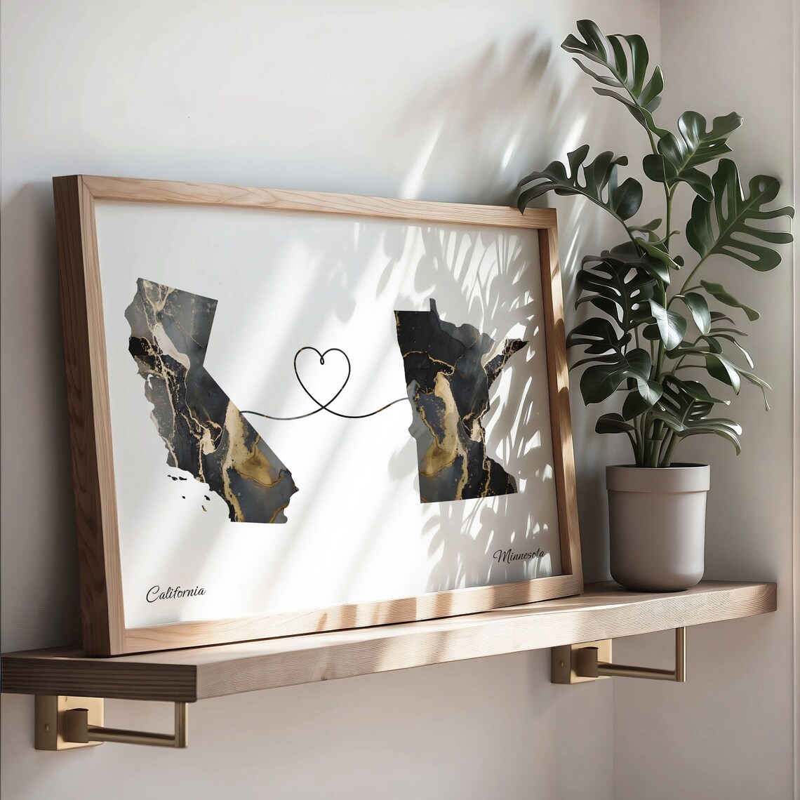California to Minnesota Black Gold Marble Map Heart Line Art Poster - Image 3